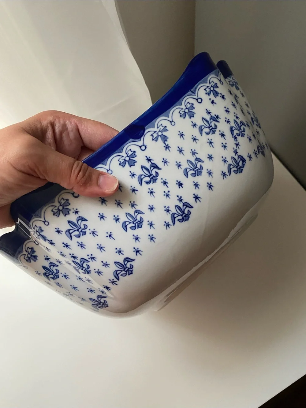 Vintage WCL Fleur De Lis Serving Dish Bowl Scalloped Corners, Blue And White